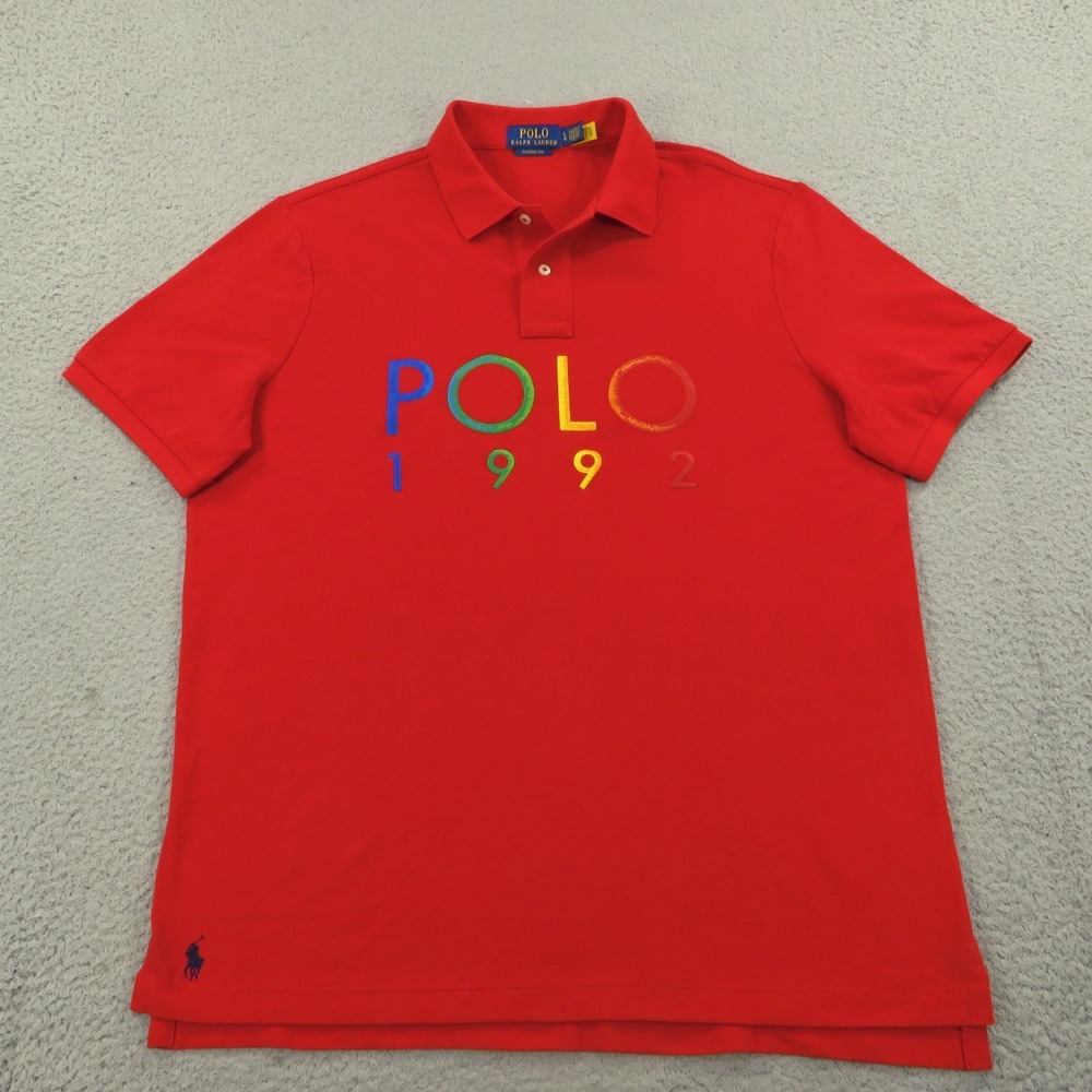 Polo Ralph Lauren Mens Large Red 1992 Olympic Spellout Polo Shirt Custom Pony